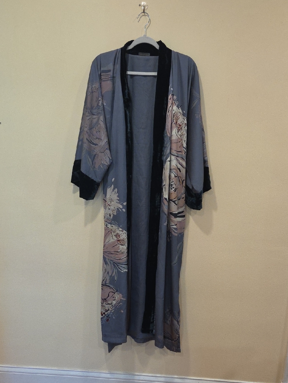 Long Floral Satin Robe with Black Velvet Trim - Blue Floral